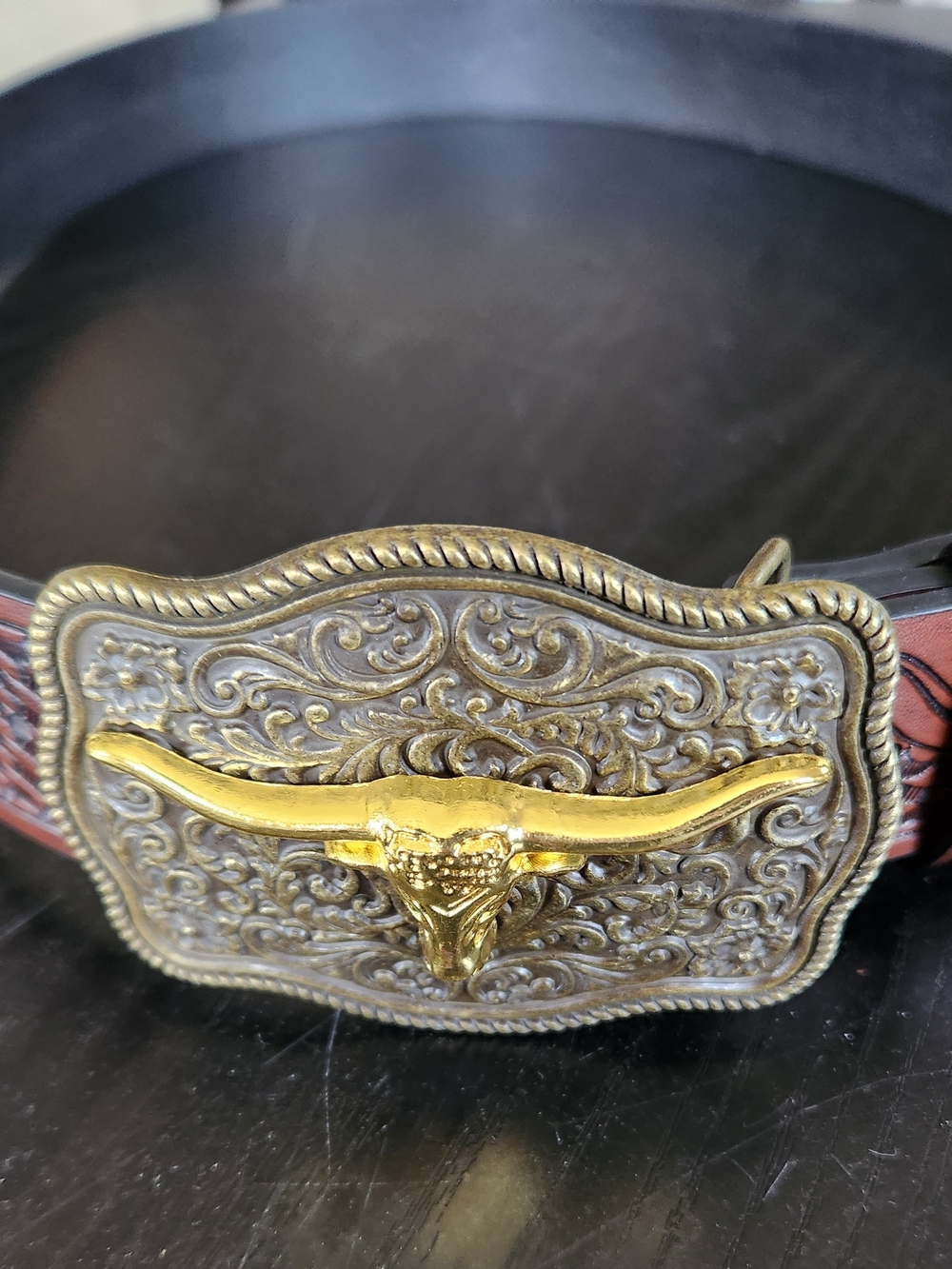 Western Leather Belt with Gold Longhorn Buckle - Black/Brown